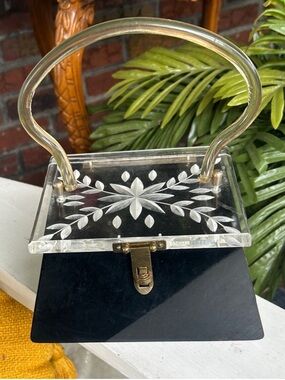 Vintage Black Lucite Hard Box Bag Purse with Crystal Cut Lucite Lid
